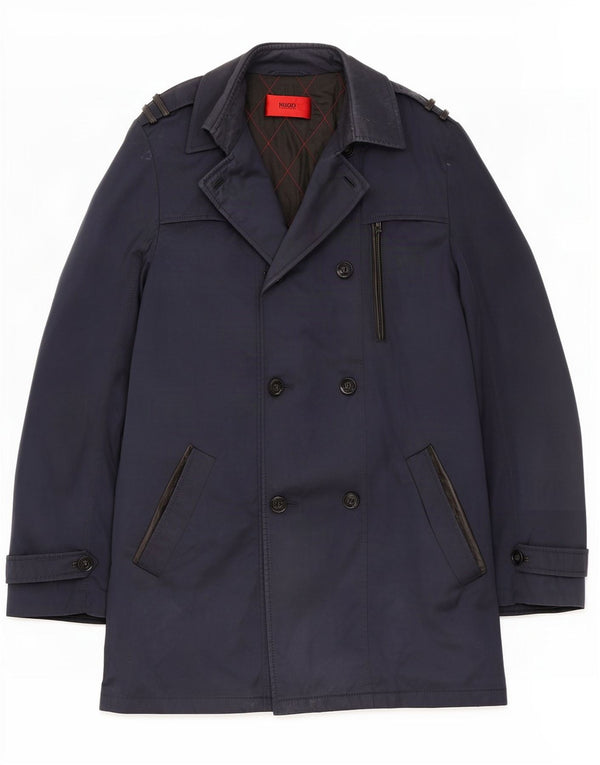 Hugo Boss Mens Trench Coat EU 48 Medium Navy Blue Cotton