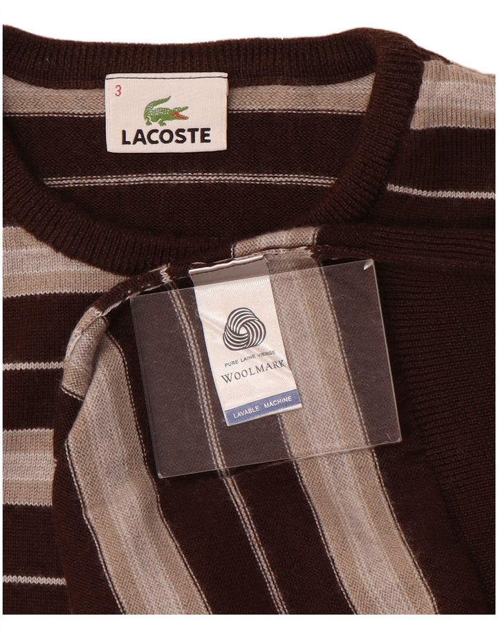 Lacoste Mens Crew Neck Jumper Sweater Size 3 Small Brown Striped Wool