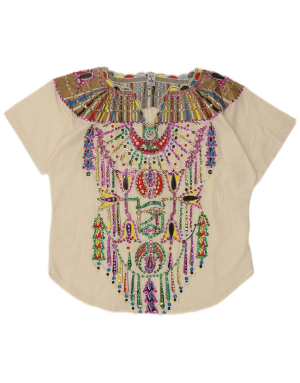 Vintage Womens Abstract Pattern Blouse Top UK 14 Medium White Ethnic