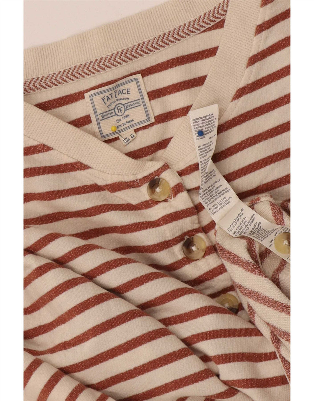 Fat Face Womens Top 3/4 Sleeve UK 16 Large White Striped Cotton