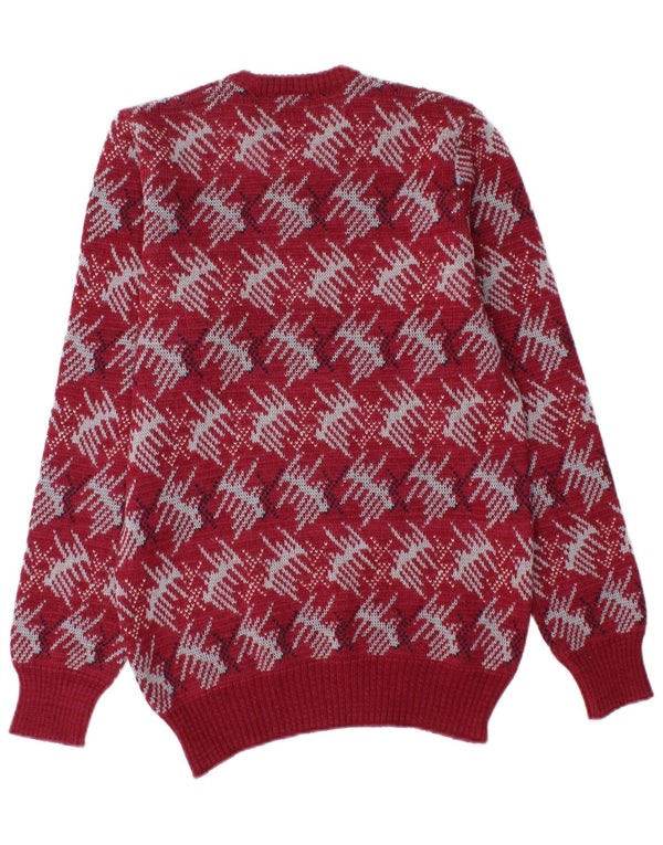 Viky Tricot Mens Crew Neck Jumper Sweater Small Red Geometric Virgin Wool