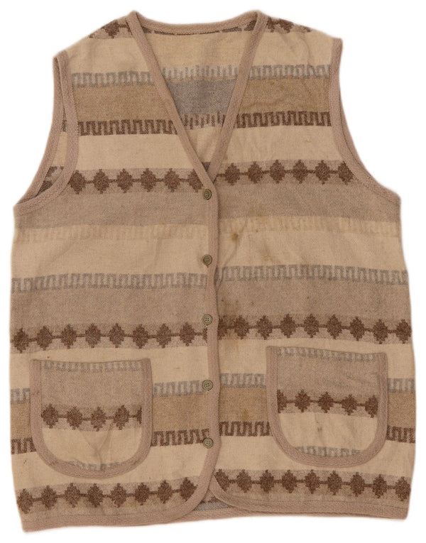 Vintage Womens Sleeveless Cardigan Sweater UK 14 Medium Beige Geometric