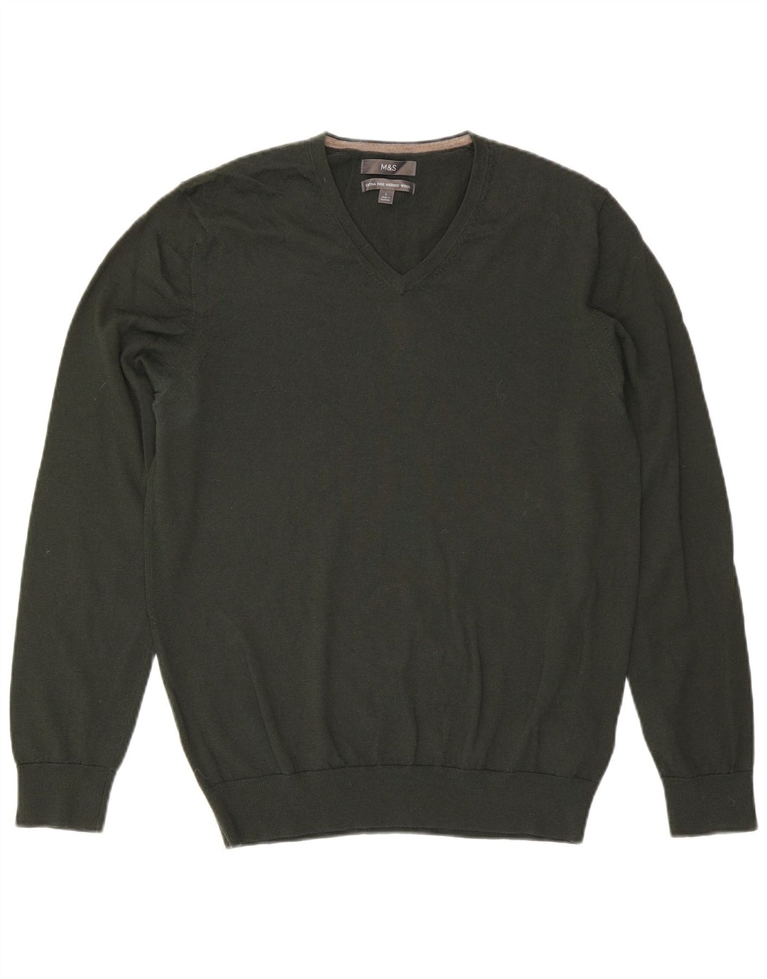 Marks & Spencer Mens V-Neck Jumper Sweater Large Khaki Wool