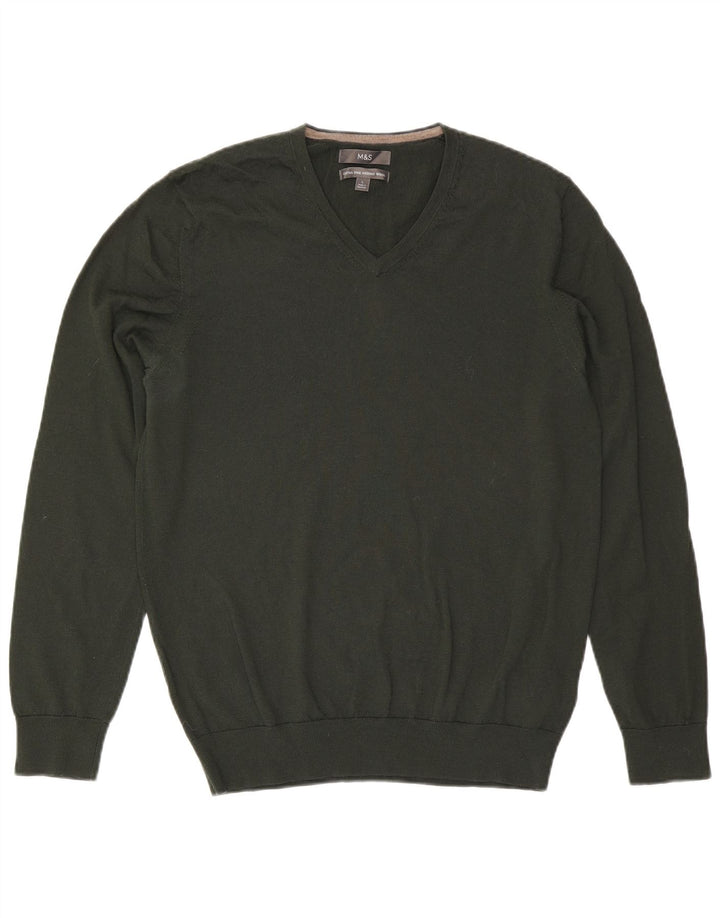 Marks & Spencer Mens V-Neck Jumper Sweater Large Khaki Wool