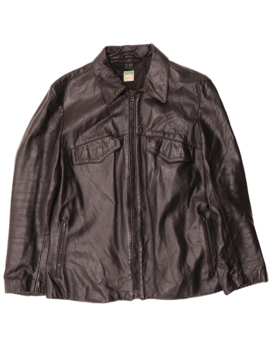 Benetton Womens Leather Jacket UK 14 Medium Black Leather