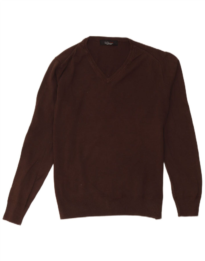 Zara Mens V-Neck Jumper Sweater XL Brown