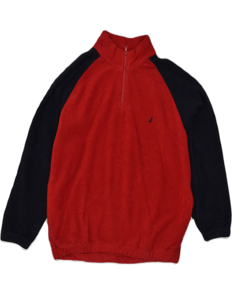 NAUTICA Mens Zip Neck Fleece Jumper Large Red Colourblock Polyester | Vintage Nautica | Thrift | Second-Hand Nautica | Used Clothing | Messina Hembry 