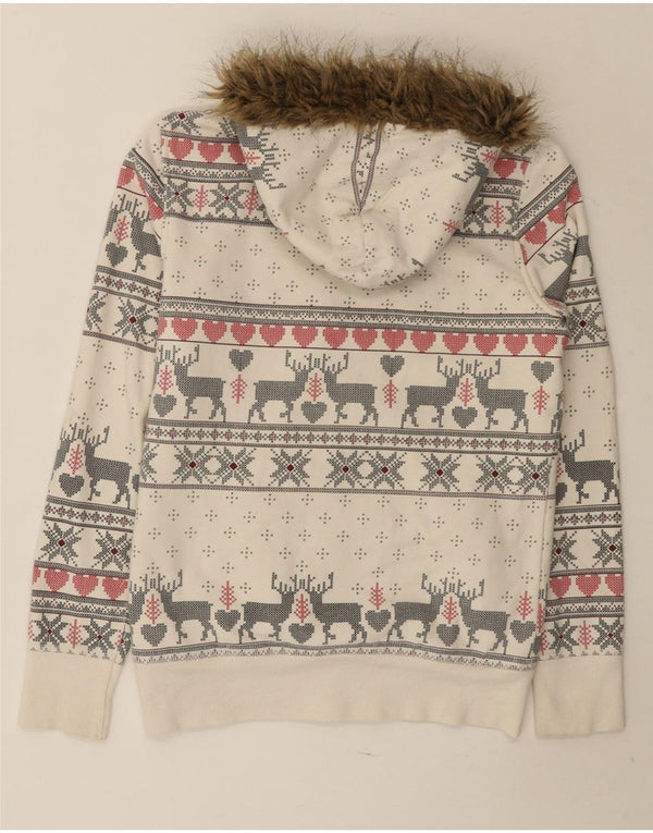 Marks & Spencer Womens Zip Hoodie Sweater UK 10 Small Off White Fair Isle