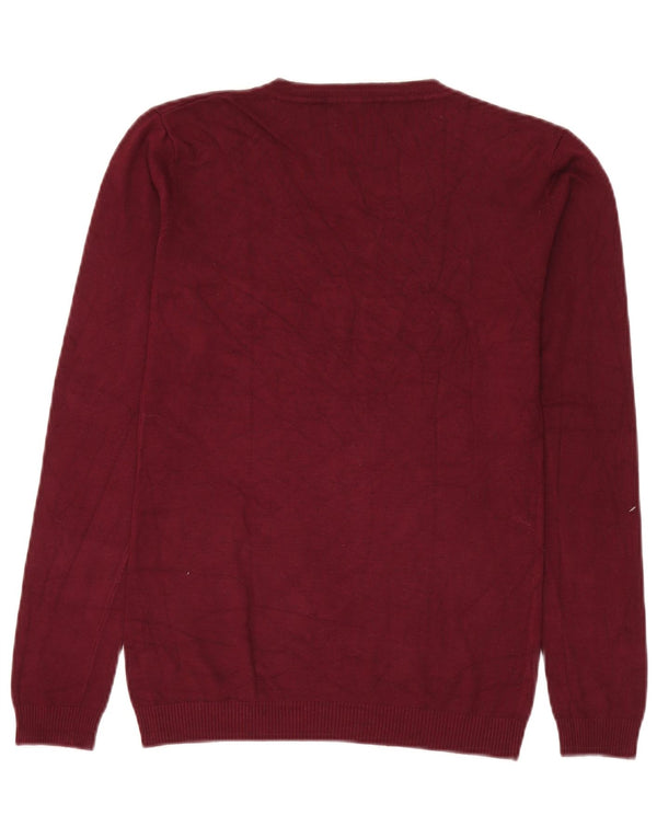 Guess Womens Graphic V-Neck Jumper Sweater UK 14 Large Burgundy