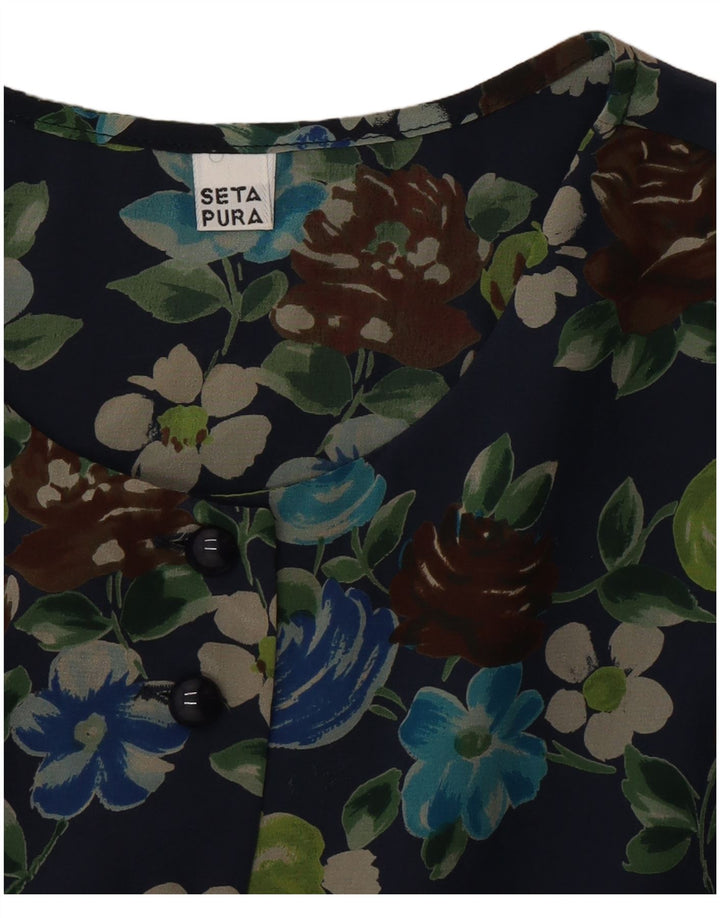 Vintage Womens Shift Dress UK 12 Medium Navy Blue Floral Silk