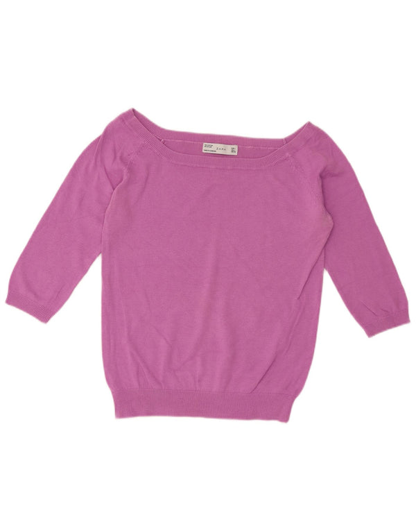 Zara Womens Crop 3/4 Sleeve Boat Neck Jumper Sweater UK 14 Large Purple