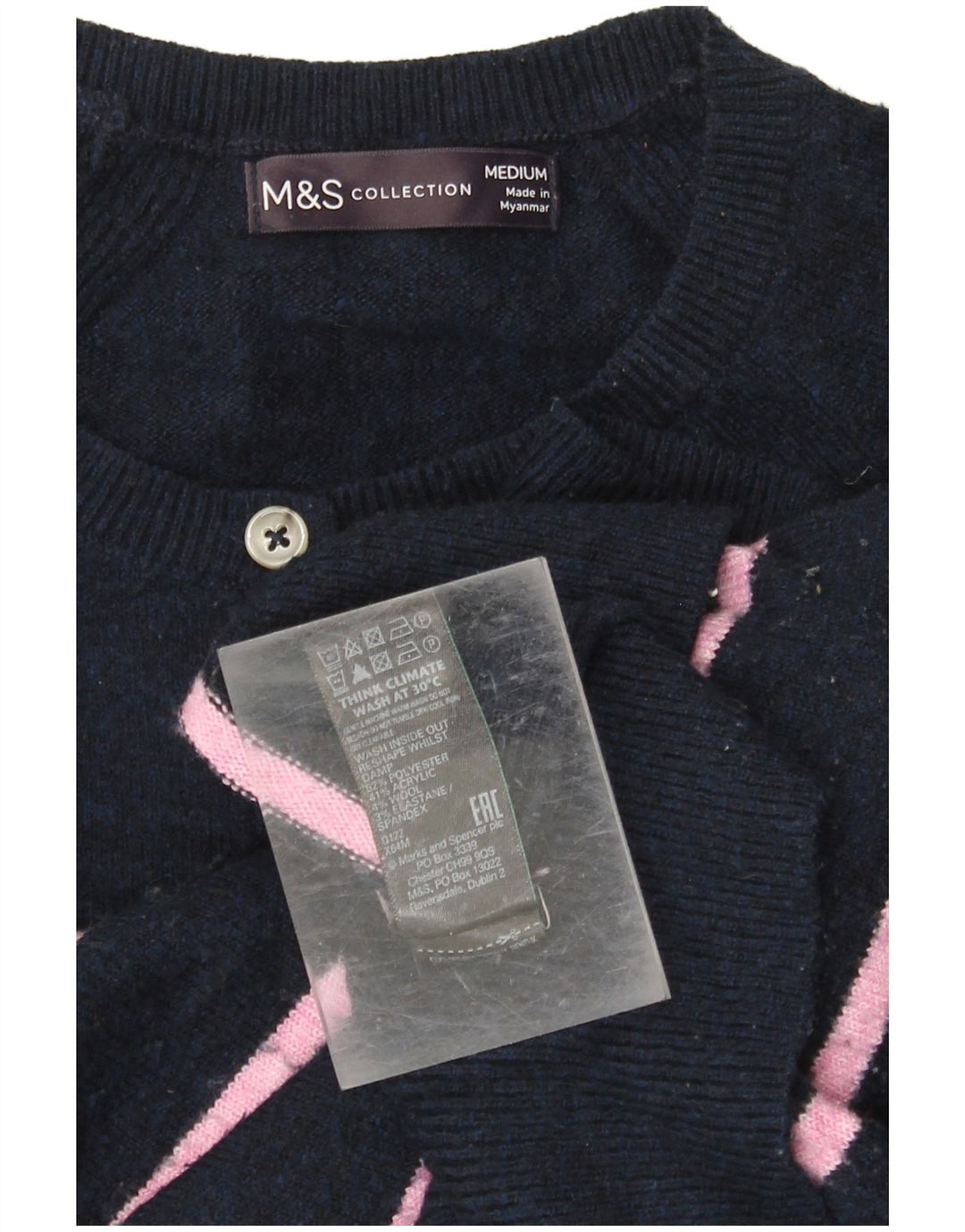 MARKS & SPENCER Womens Button Neck Jumper Sweater UK 14 Medium Navy Blue