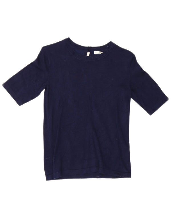 Zara Womens Crop Short Sleeve Blouse Top UK 12 Medium Navy Blue Viscose