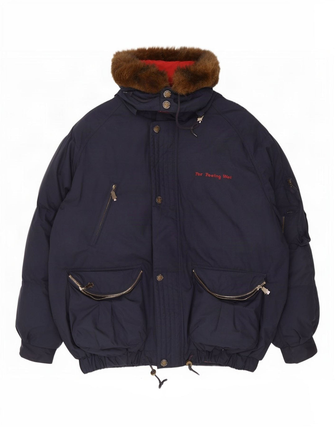 Vintage Mens Graphic Hooded Padded Jacket UK 42 XL Navy Blue Polyester