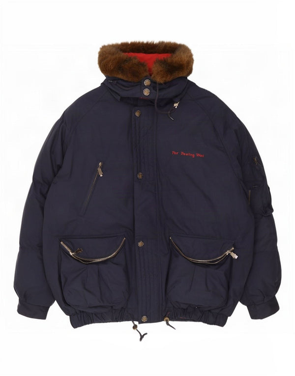 Vintage Mens Graphic Hooded Padded Jacket UK 42 XL Navy Blue Polyester