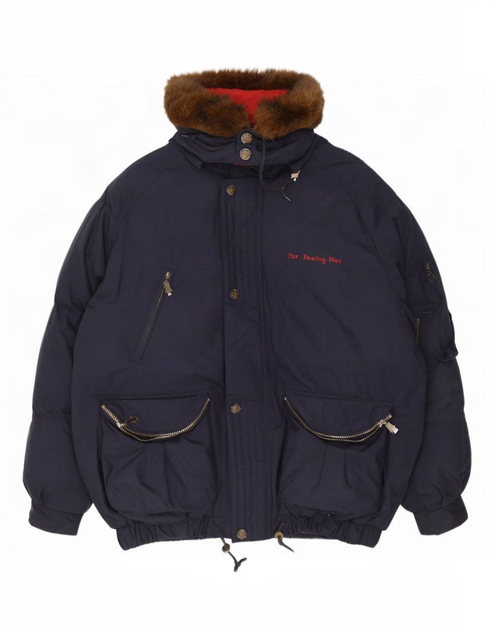 Vintage Mens Graphic Hooded Padded Jacket UK 42 XL Navy Blue Polyester