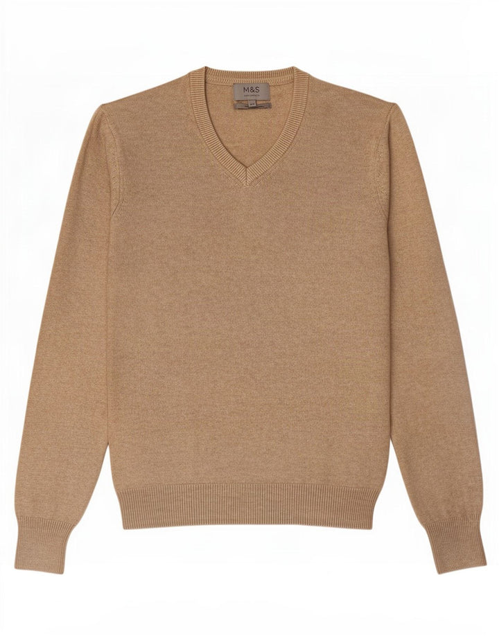 Marks & Spencer Mens V-Neck Jumper Sweater XS Beige Cotton
