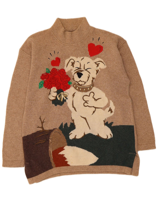 Vintage Womens Graphic Turtle Neck Jumper Sweater UK 16 Large Beige