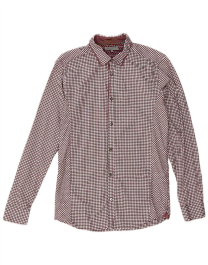 Ted Baker Mens Shirt Size 2 Small Burgundy Gingham Cotton