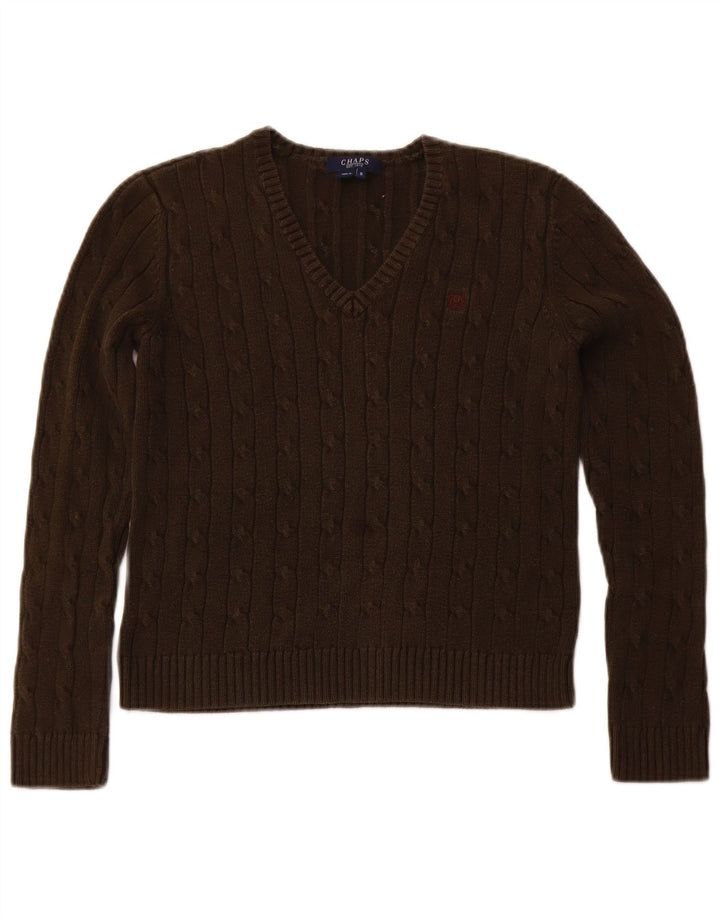 CHAPS Womens V-Neck Jumper Sweater UK 8 Small Brown Cotton