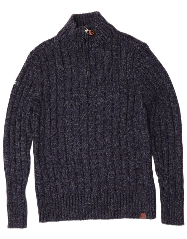 Superdry Mens Slim Fit Zip Neck Jumper Sweater Medium Navy Blue Flecked