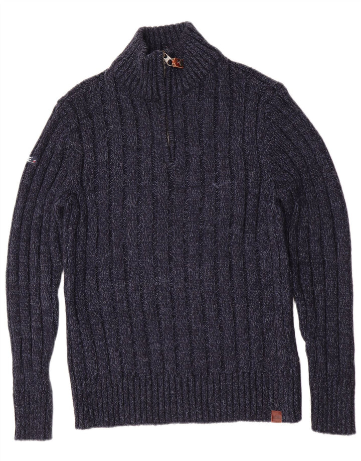 Superdry Mens Slim Fit Zip Neck Jumper Sweater Medium Navy Blue Flecked