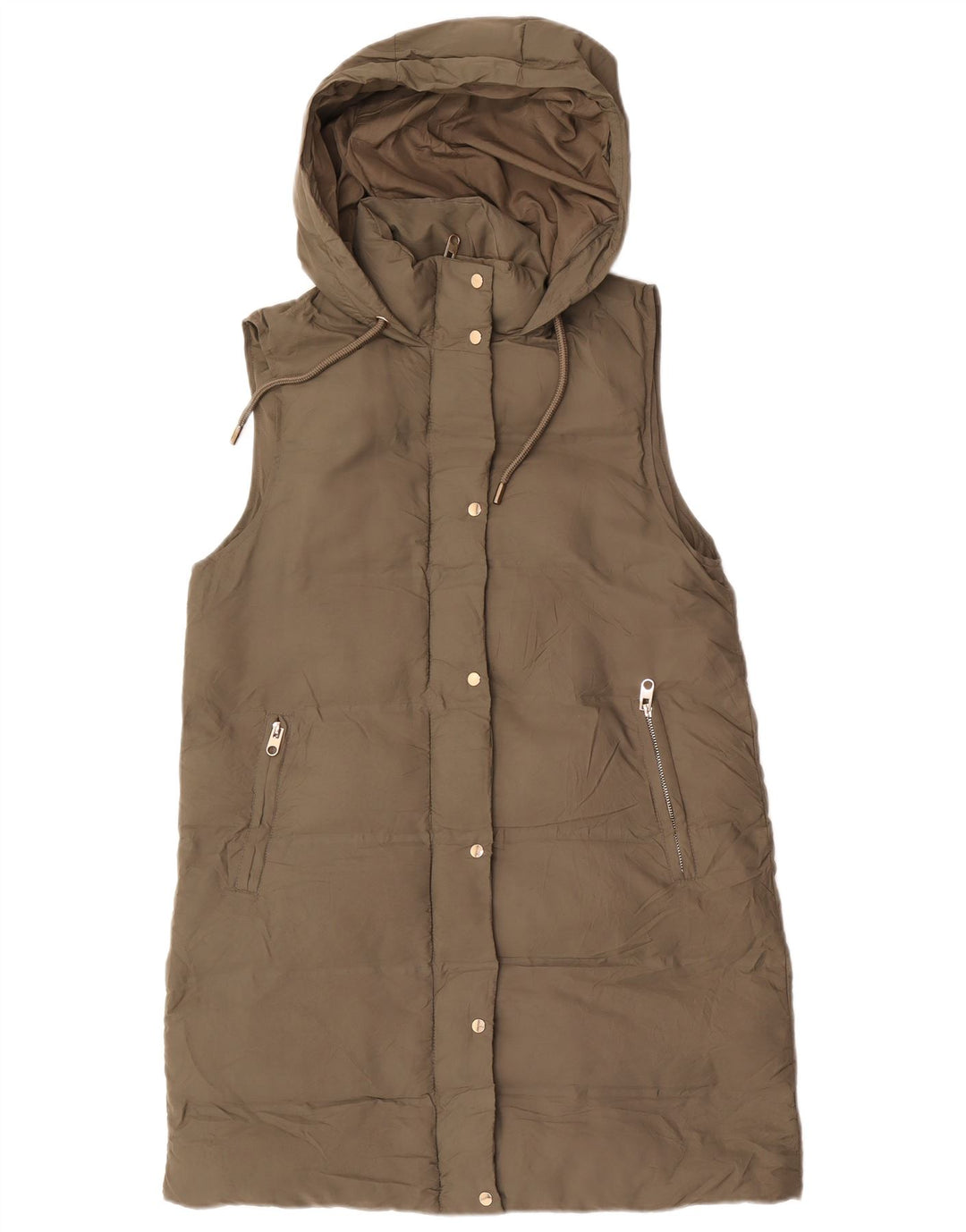 Zara Womens Longline Hooded Padded Gilet UK 14 Medium Khaki Polyester