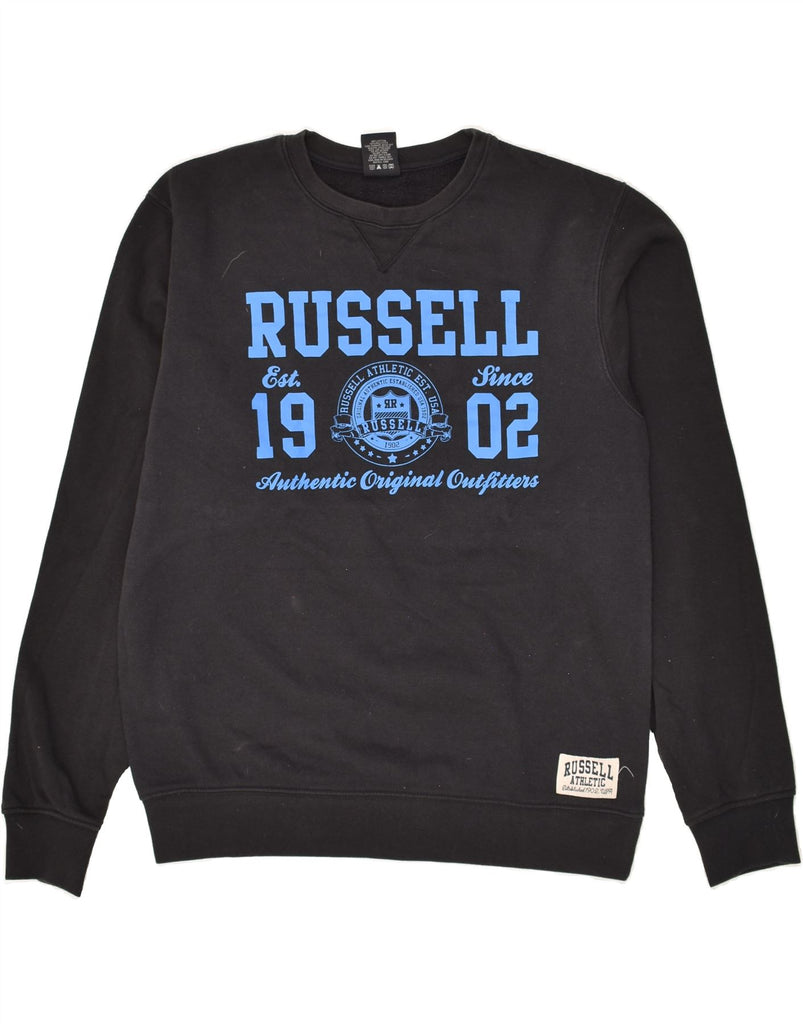 RUSSELL ATHLETIC Mens Graphic Sweatshirt Jumper Small Black Cotton | Vintage Russell Athletic | Thrift | Second-Hand Russell Athletic | Used Clothing | Messina Hembry 