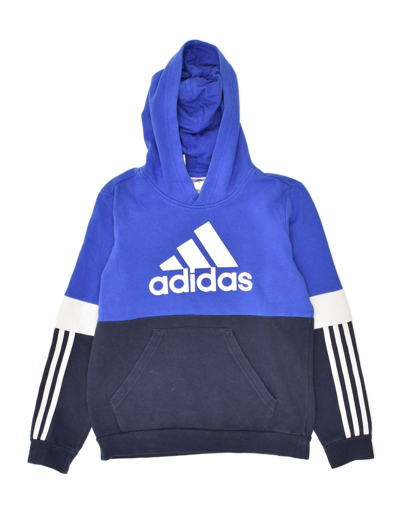 ADIDAS Boys Graphic Hoodie Jumper 11-12 Years Blue Colourblock Cotton | Vintage Adidas | Thrift | Second-Hand Adidas | Used Clothing | Messina Hembry 