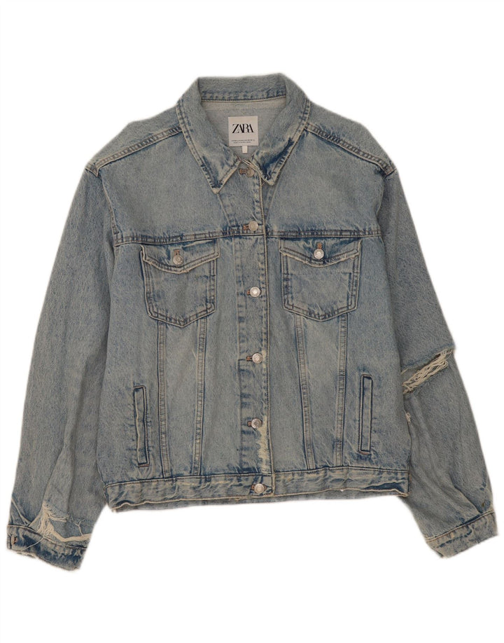 Zara Womens Distressed Oversized Denim Jacket UK 14 Medium Blue Cotton
