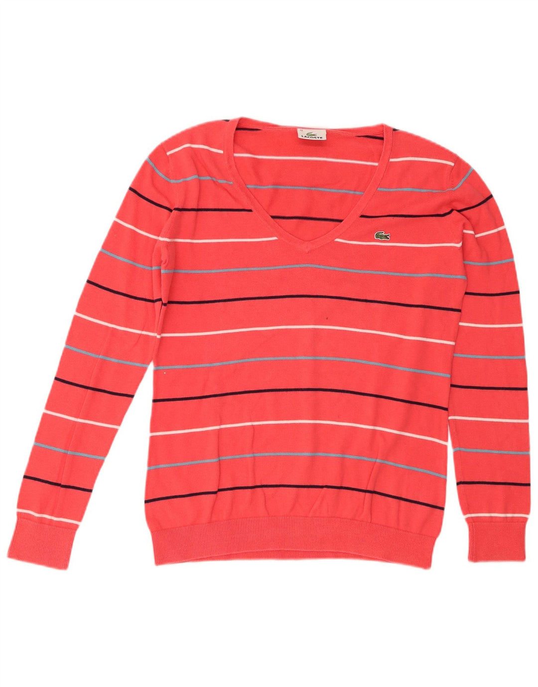 Lacoste Womens V-Neck Jumper Sweater Size 40 Medium Pink Striped Cotton