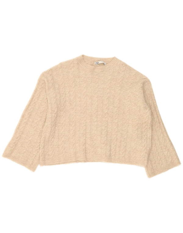 Zara Womens Oversized Crew Neck Jumper Sweater UK 10 Small Beige