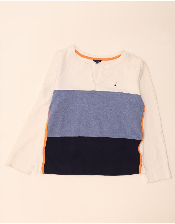 Nautica Womens Top Long Sleeve UK 14 Medium White Colourblock Cotton
