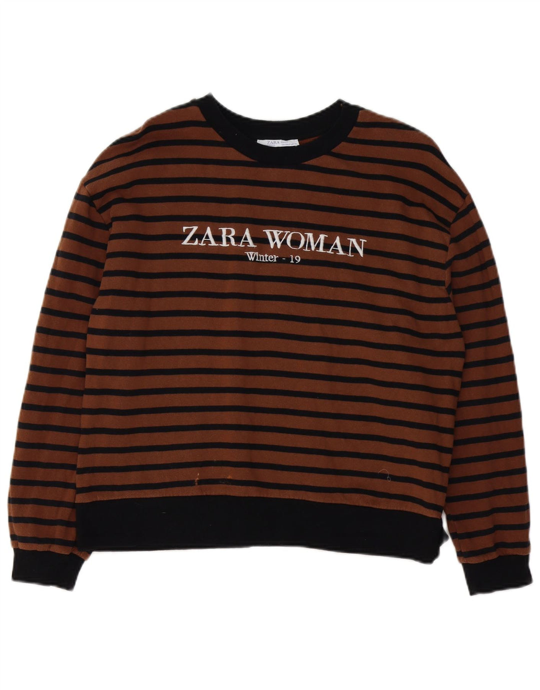 ZARA Womens Graphic Sweatshirt Jumper UK 14 Medium Brown Striped Cotton