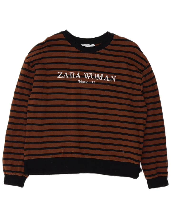 ZARA Womens Graphic Sweatshirt Jumper UK 14 Medium Brown Striped Cotton