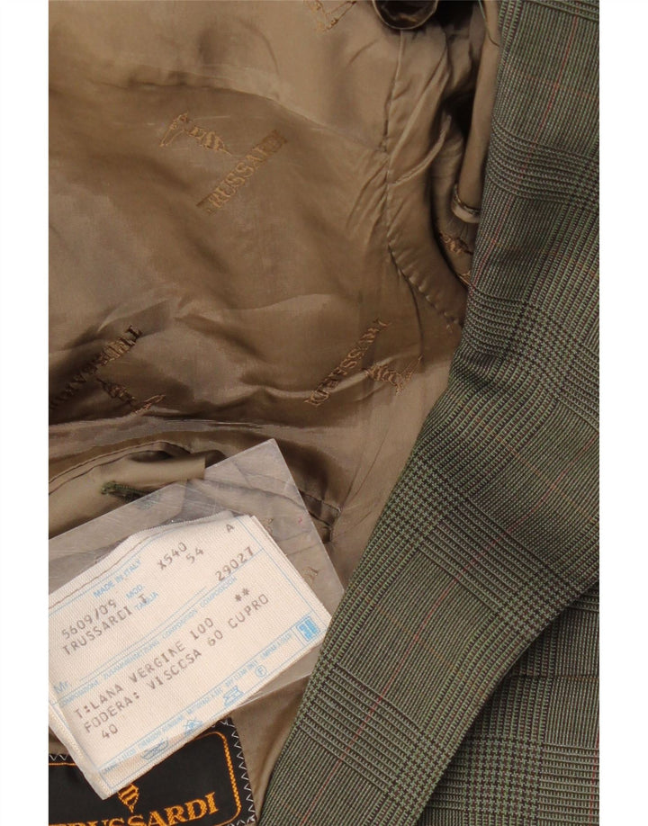 TRUSSARDI Mens 2 Button Blazer Jacket IT 54 2XL Khaki Check Wool