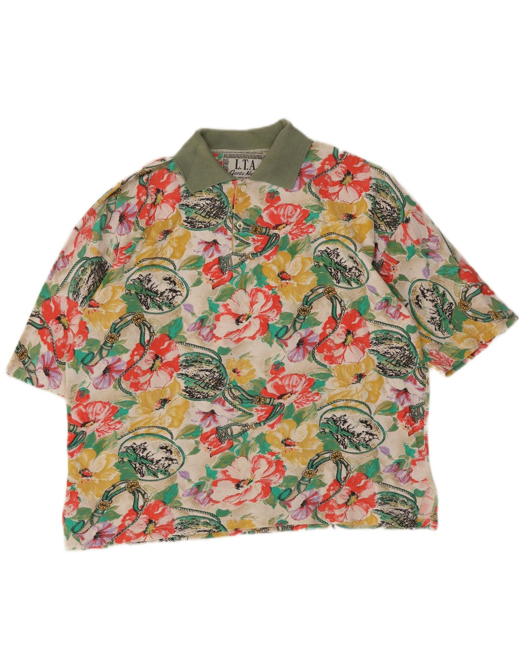 Vintage Mens Polo Shirt Large Multicoloured Floral