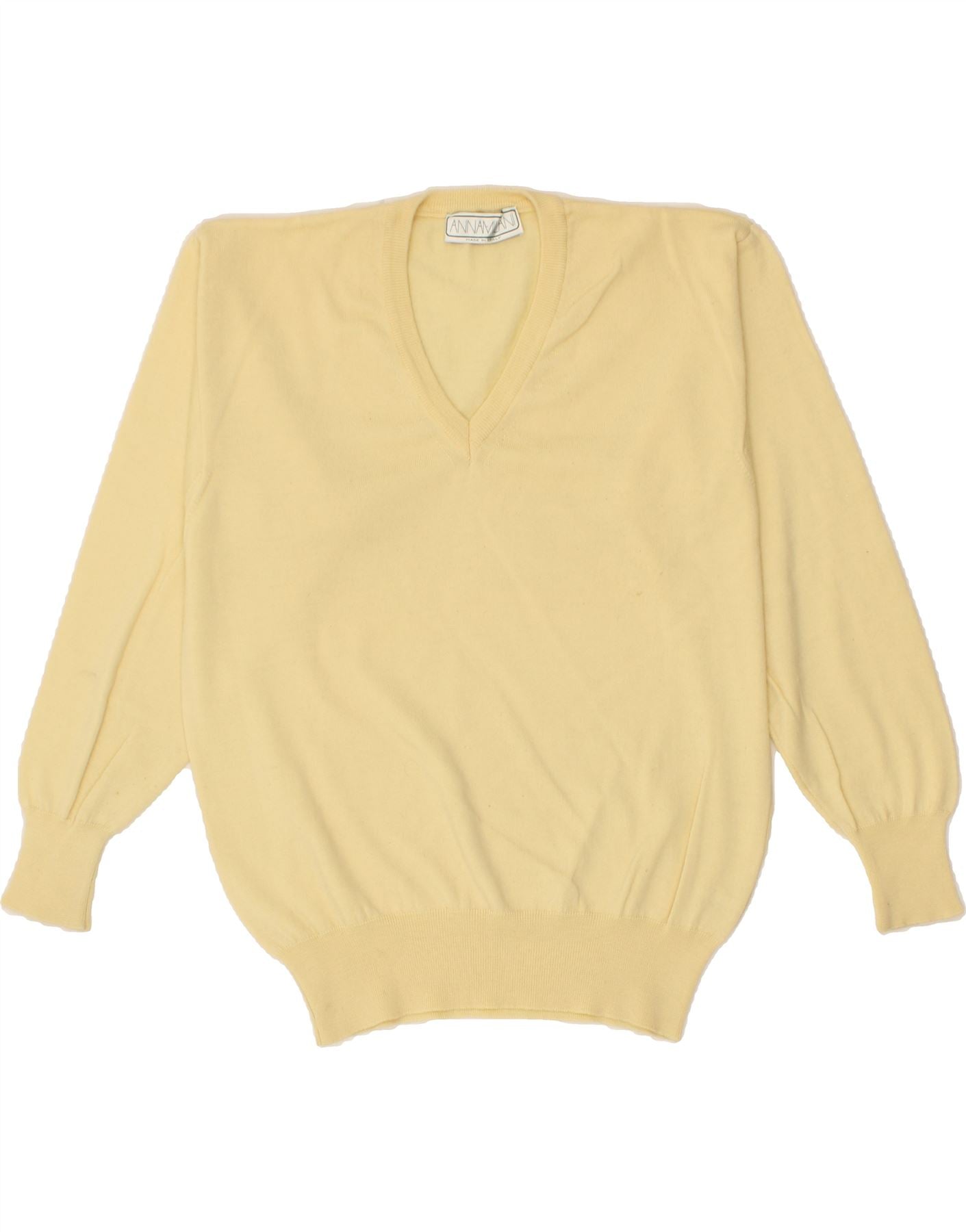 VINTAGE Mens V-Neck Jumper Sweater Medium Yellow Wool Vintage