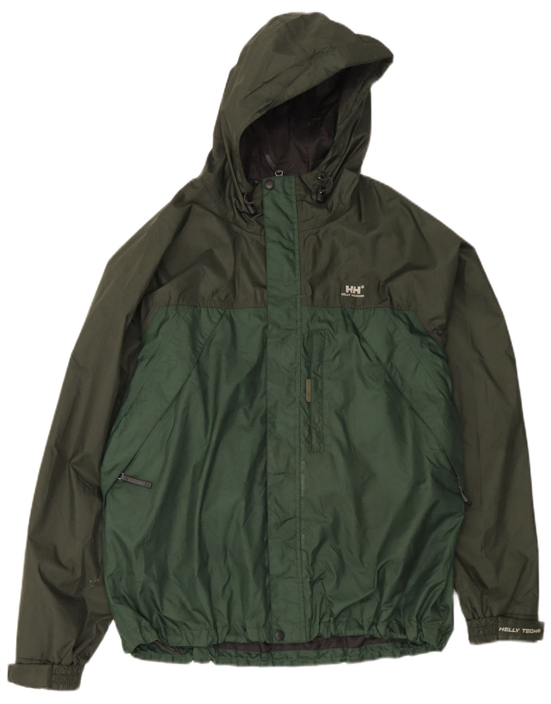 Helly Hansen Mens Hooded Rain Jacket UK 40 Large Green Colourblock Nylon