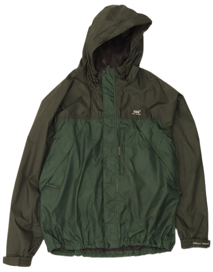Helly Hansen Mens Hooded Rain Jacket UK 40 Large Green Colourblock Nylon