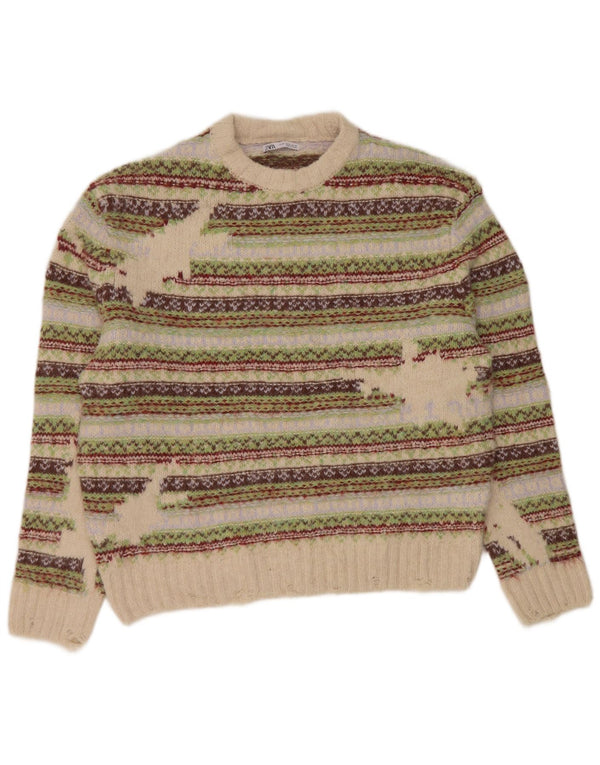 Zara Mens Distressed Crew Neck Jumper Sweater Medium Green Fair Isle