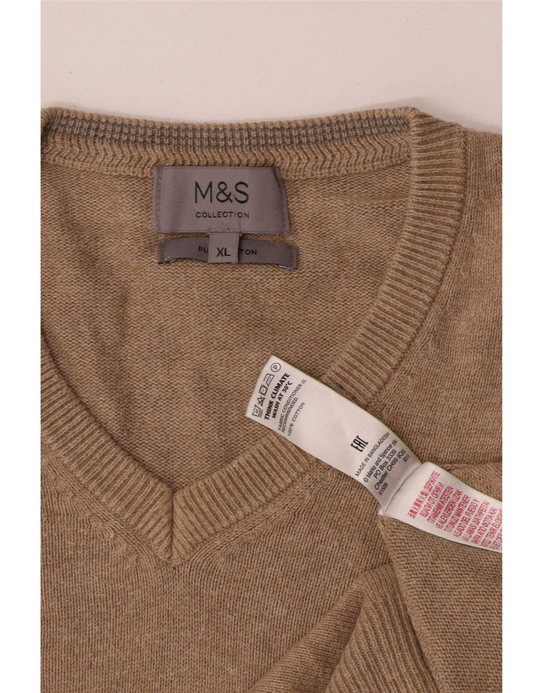 Marks & Spencer Mens V-Neck Jumper Sweater XL Beige Cotton