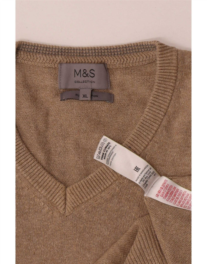 Marks & Spencer Mens V-Neck Jumper Sweater XL Beige Cotton