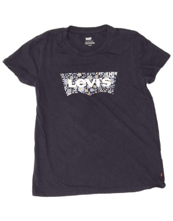 Levi's Womens Graphic T-Shirt Top UK 10 Small Navy Blue Floral Cotton