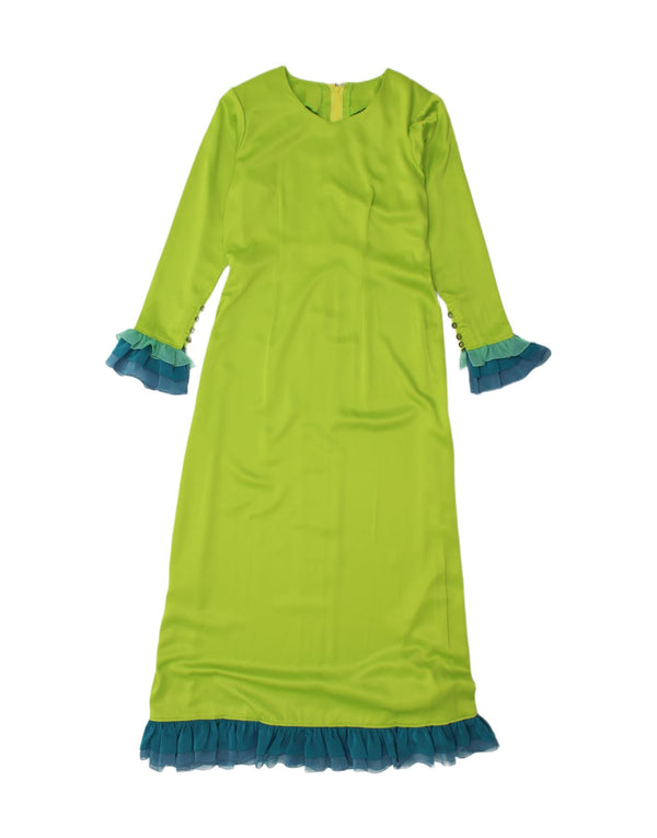 Vintage Womens Long Sleeve Ruffle Maxi Dress UK 12 Medium Green Colourblock