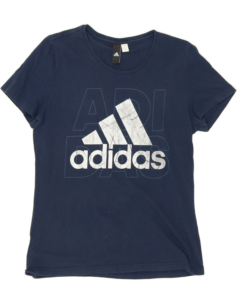 ADIDAS Womens Graphic T-Shirt Top UK 12 Medium Navy Blue Cotton Vintage Adidas and Second-Hand Adidas from Messina Hembry 