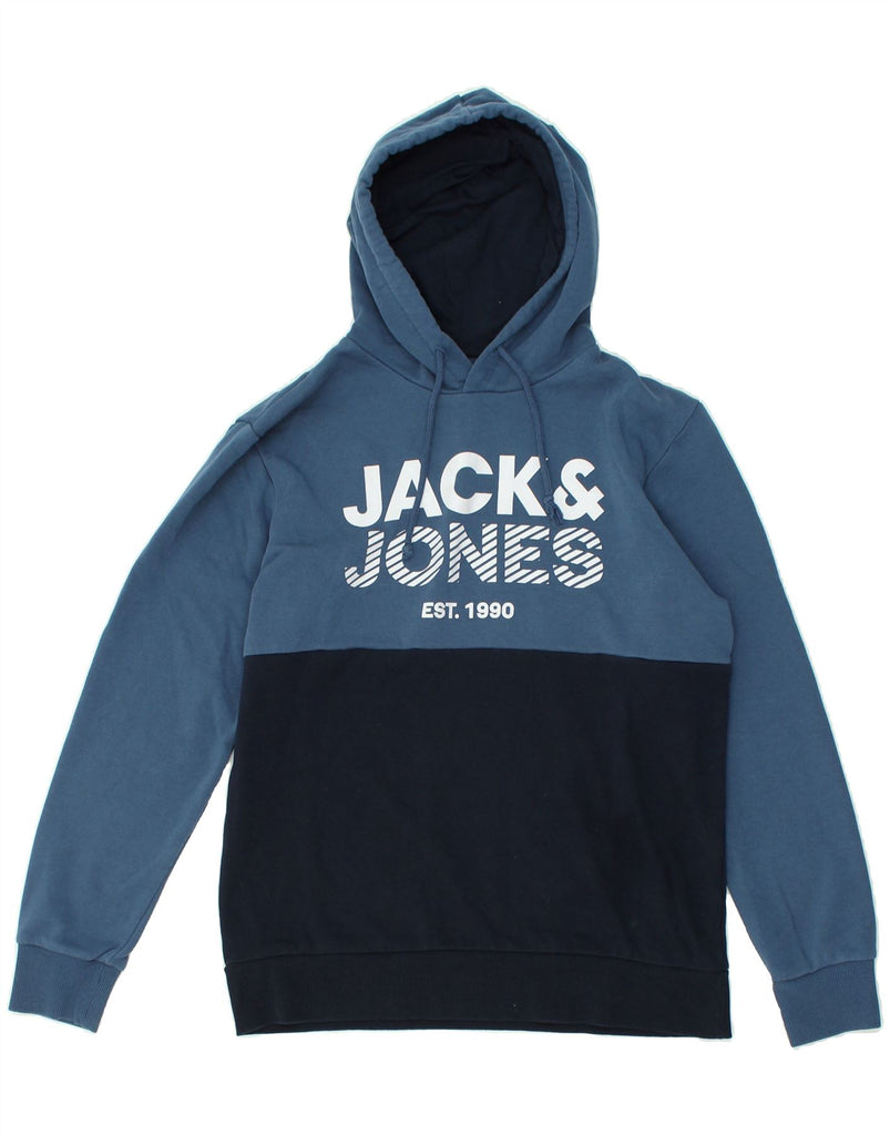 JACK & JONES Mens Graphic Hoodie Jumper Large Navy Blue Colourblock Cotton | Vintage Jack & Jones | Thrift | Second-Hand Jack & Jones | Used Clothing | Messina Hembry 