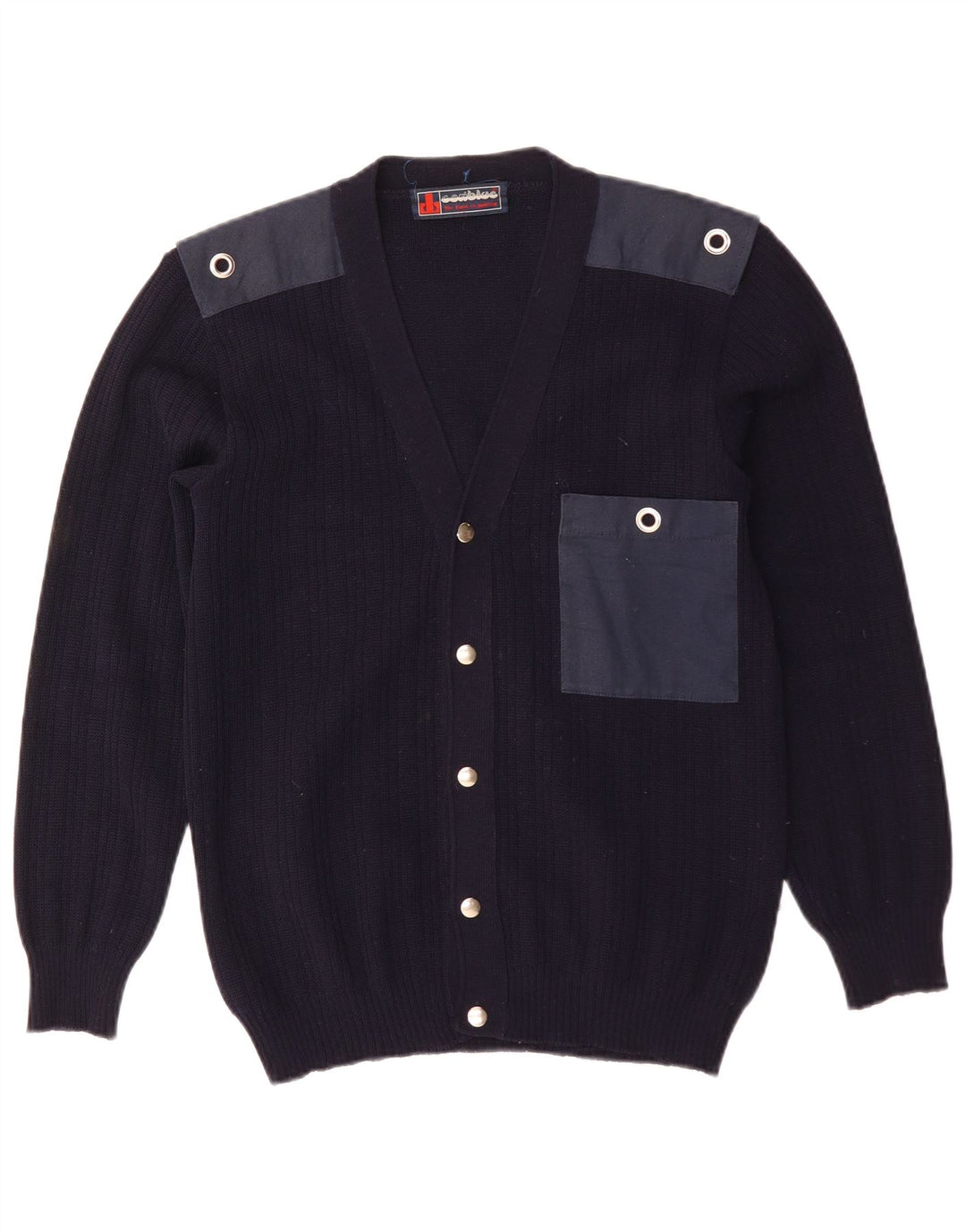 Vintage Mens Cardigan Sweater Medium Navy Blue Colourblock Wool