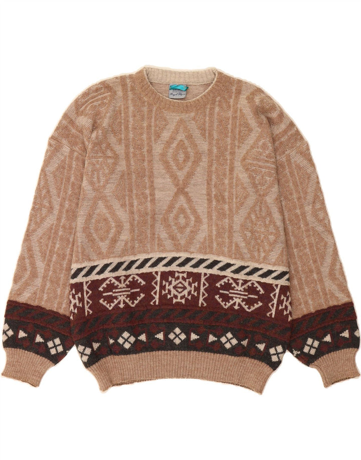 VINTAGE Mens Crew Neck Jumper Sweater Large Brown Argyle/Diamond Acrylic Vintage Vintage and Second-Hand Vintage from Messina Hembry 