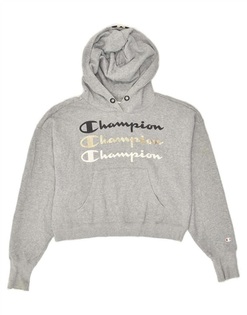 CHAMPION Womens Crop Graphic Hoodie Jumper UK 10 Small Grey Cotton | Vintage Champion | Thrift | Second-Hand Champion | Used Clothing | Messina Hembry 